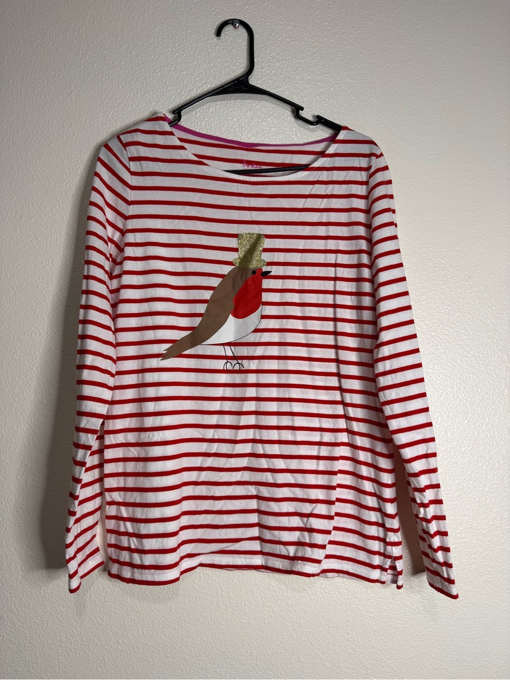 Boden The Christmas Breton Red & White Striped Top with Pink Trim (Box B) - Picture 3 of 9